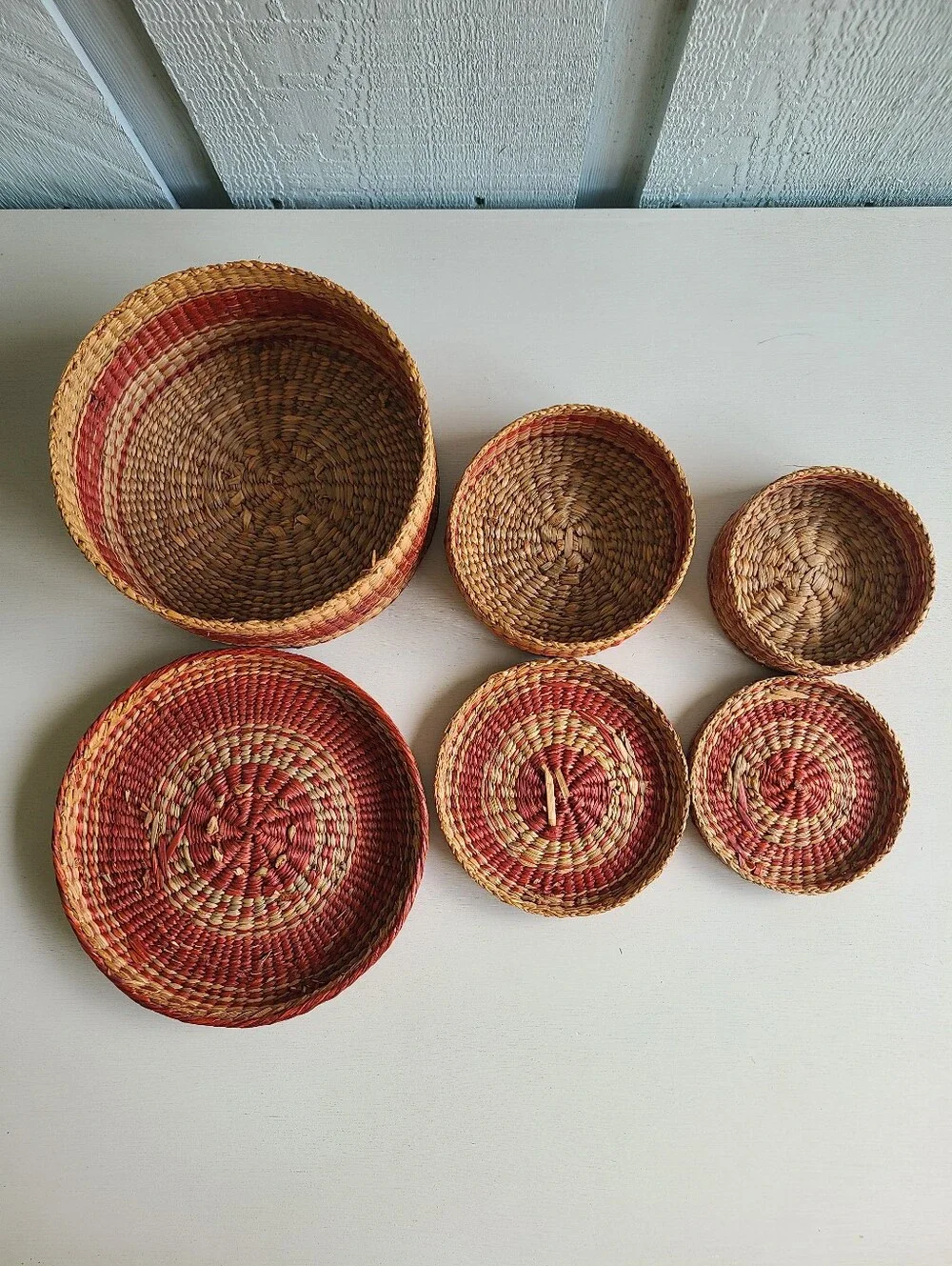 Vintage Wheat Grass Nesting Baskets with Lids